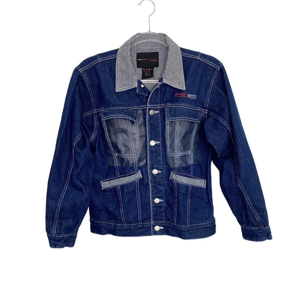 FUBU The Collection Jean Jacket Size M Blue Denim Gray Wax‎ Flap Pocket Accent
